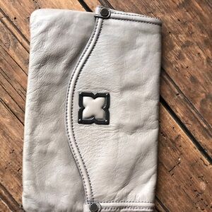 NEW.. BCBG Gray Leather Clutch with Decorative Metal Accent